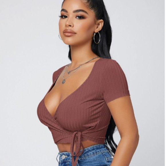 5/20$ Shein SXY Surplice Neck Knot Side Crop Top - Picture 3 of 5